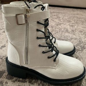 White croc textured chunky sole combat boots